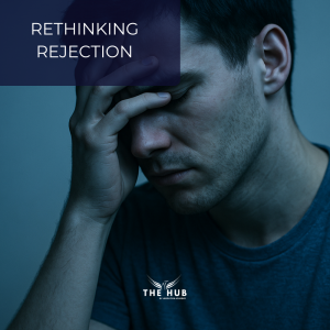 A man holds his head feeling rejection sensitivity. The text reads 'Rethinking Rejection' the title of the course