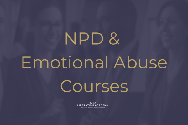 The image shows the text 'NPD & Emotional Abuse Courses' in gold on a background of an image of people smiling and talking with an overlay of blue so they're faded from view. There's a logo for Liberation Academy at the bottom in white. The image is describing the courses category.