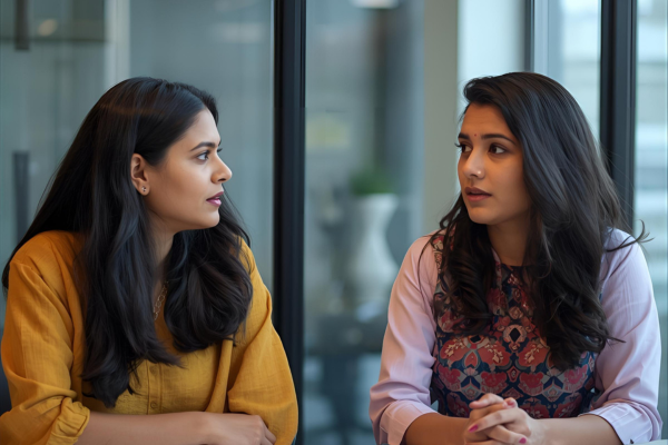 Image of two women talking at work. The image represents the course Anxiety and Depression for Managers