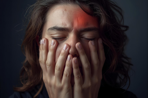 image of a woman covering her face with both hands up to her eyes is frowning as though in pain and has a red spot representing pain or confusion. The image represents the course Certificate in Therapeutic Support for Narcissistic Abuse