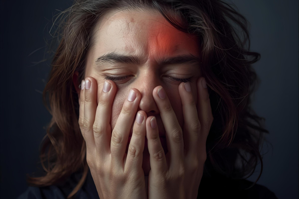 image of a woman covering her face with both hands up to her eyes is frowning as though in pain and has a red spot representing pain or confusion. The image represents the course Certificate in Therapeutic Support for Narcissistic Abuse