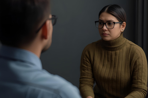 An image of a therapist's room with a man and woman talking. It represents the diploma in narcissisic