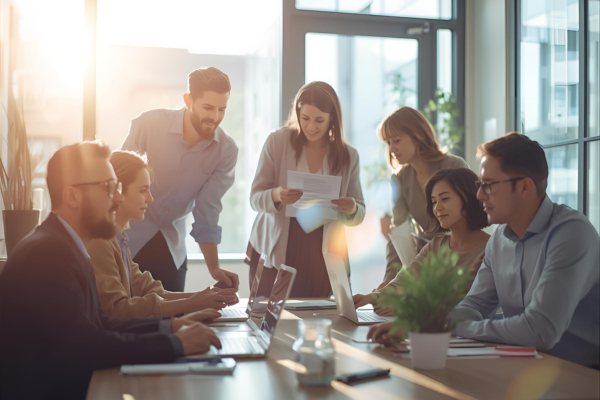 Image of people in a conference room talking. Some are standing some are sitting. The image represents the course Promoting Mental Health Awareness and Reducing Stigma