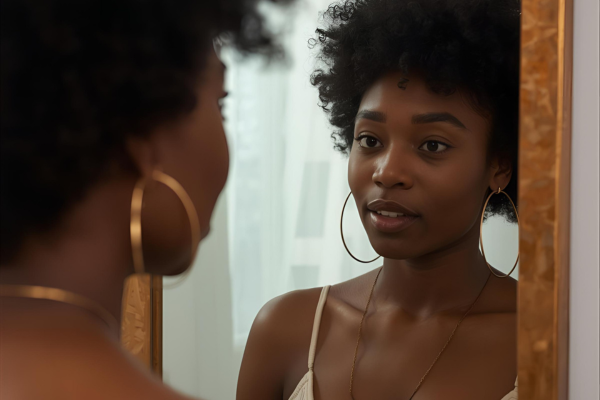 A woman with large earrings looks inquisitively into the mirror at her reflection.