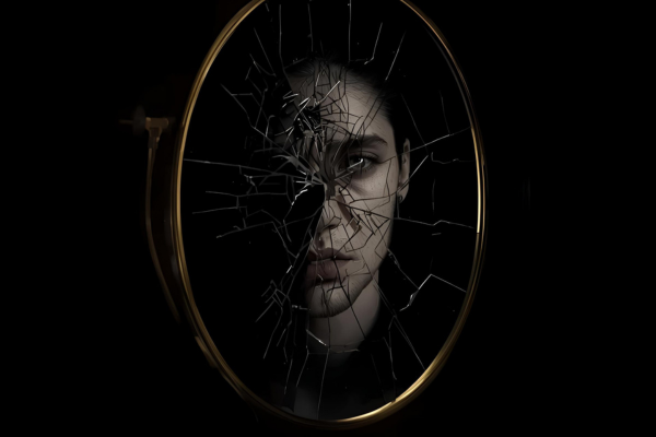 A woman looks into a mirror, with her reflection shattered into pieces