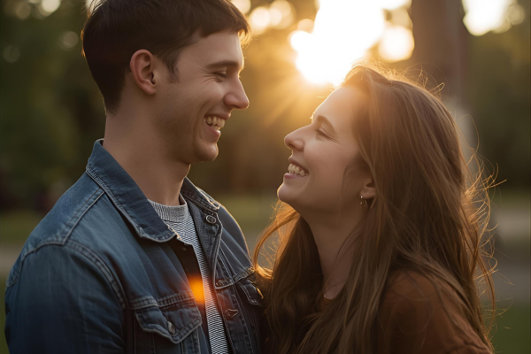 A man and woman look at each other, smiling, with the sun setting in the background
