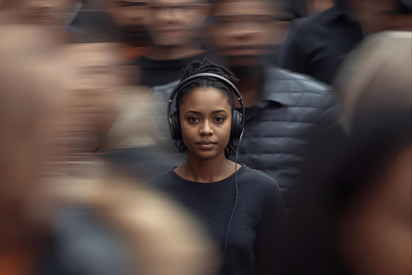 a woman stands still in a blurry crowd wearing headphones. the image represents the course Certificate in Understanding Autism