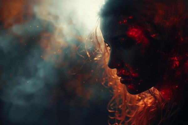 A dramatic picture of a woman backlit with red marks over her face and brain to represent emotional abuse. It is for the course Understanding Emotional Abuse