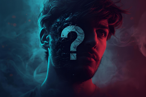 a blue and red image of a man's face with a question mark in front of the face. The image represents the course 'Understand Narcissistic Personality Disorder'.